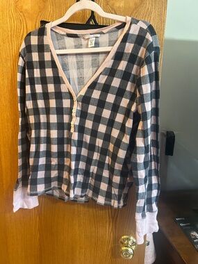 Victoria's Secret Pink and Gray Striped Henley Top with matching shorts pjs